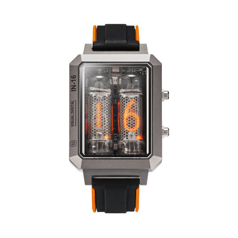 Glow Tube Fashion wireless charging watch with digital light wave display, sapphire crystal glass, alloy case, and black PU strap with orange accents