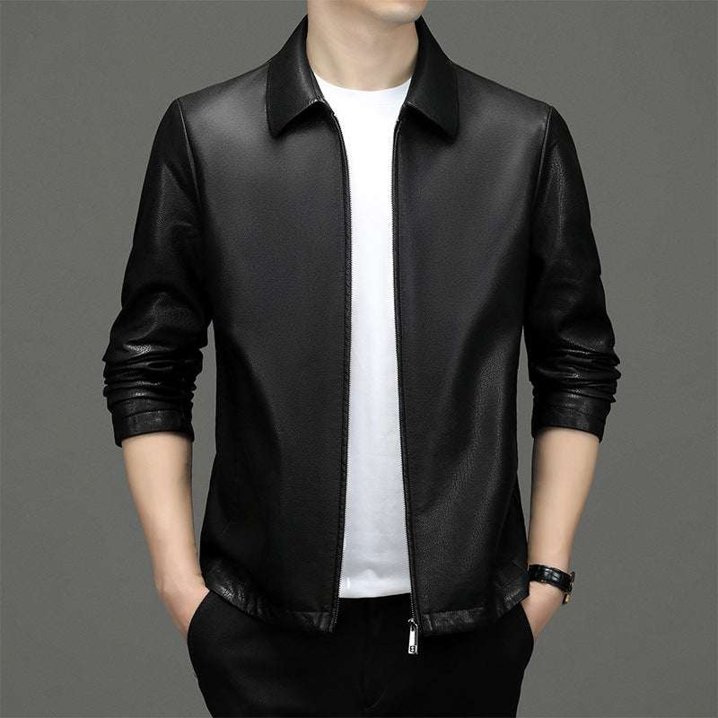 Black lapel ecological real leather men's jacket with zipper front.