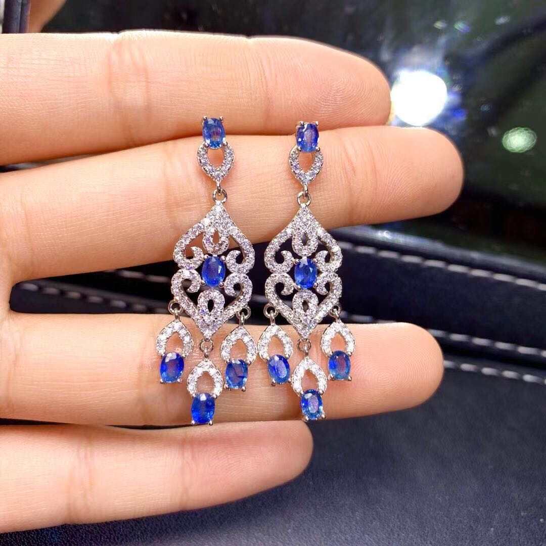 Pair of natural Sri Lanka sapphire earrings with intricate S925 silver design and blue gemstones