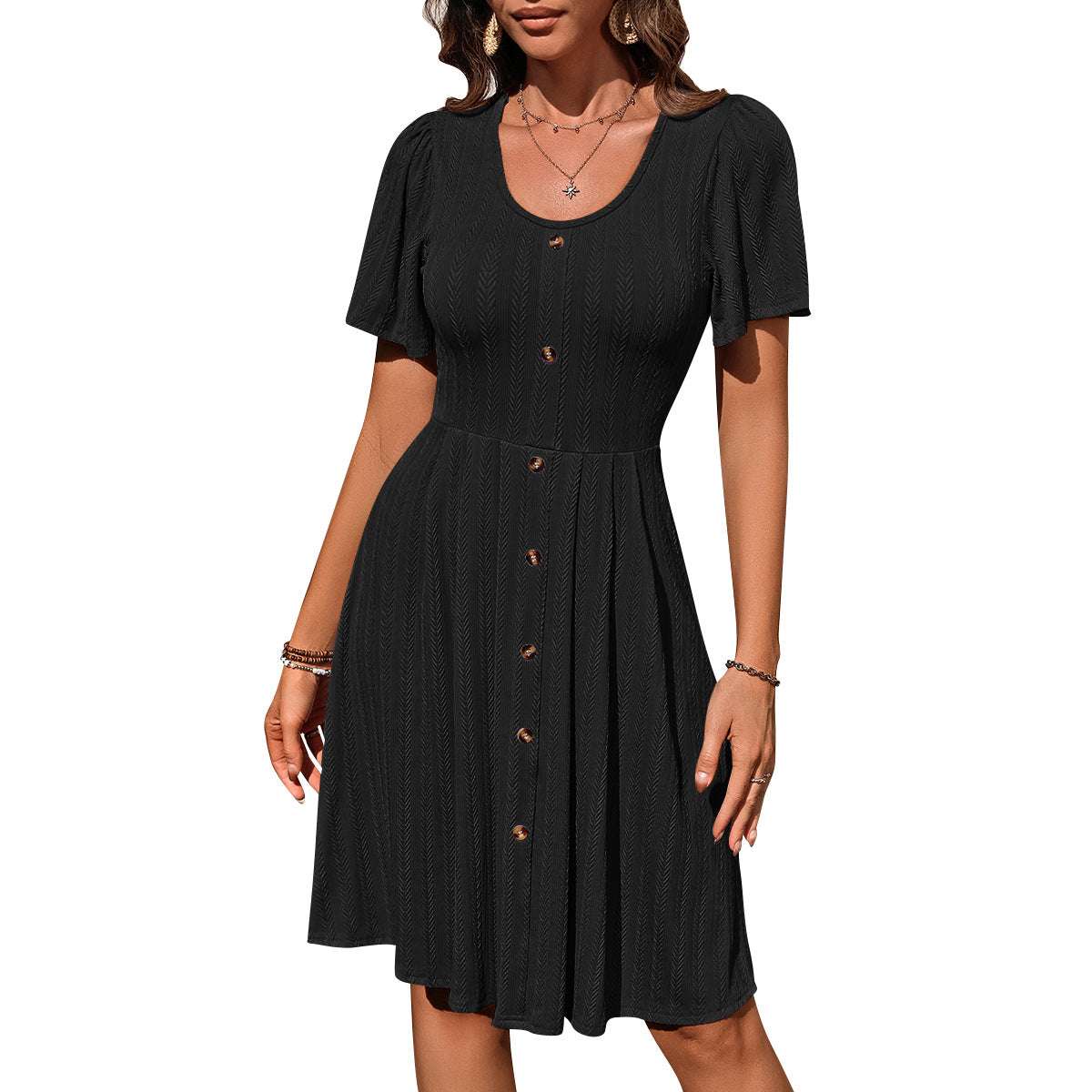 Black summer U-neck short-sleeved dress with button front design for casual holiday wear