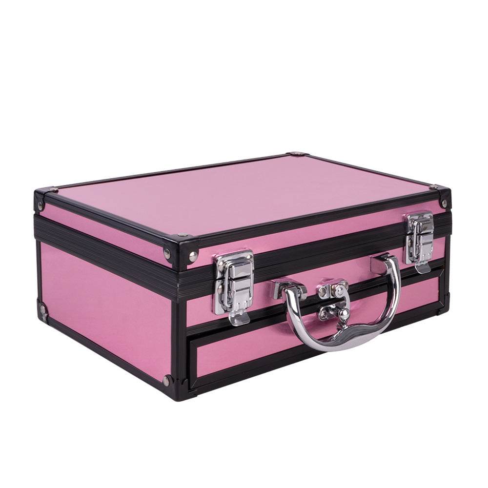 Pink girls facial cosmetics set case with metal clasps and handle for makeup storage