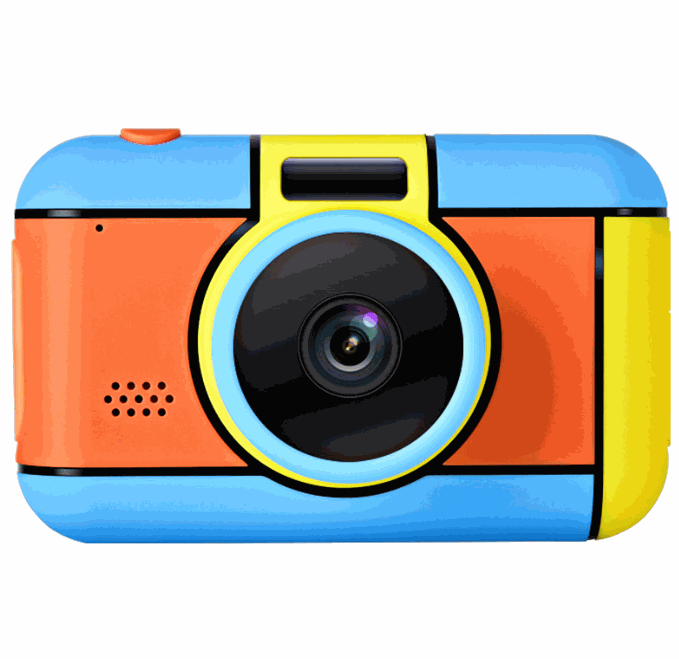 Colorful children's digital camera with integrated lens and compact design