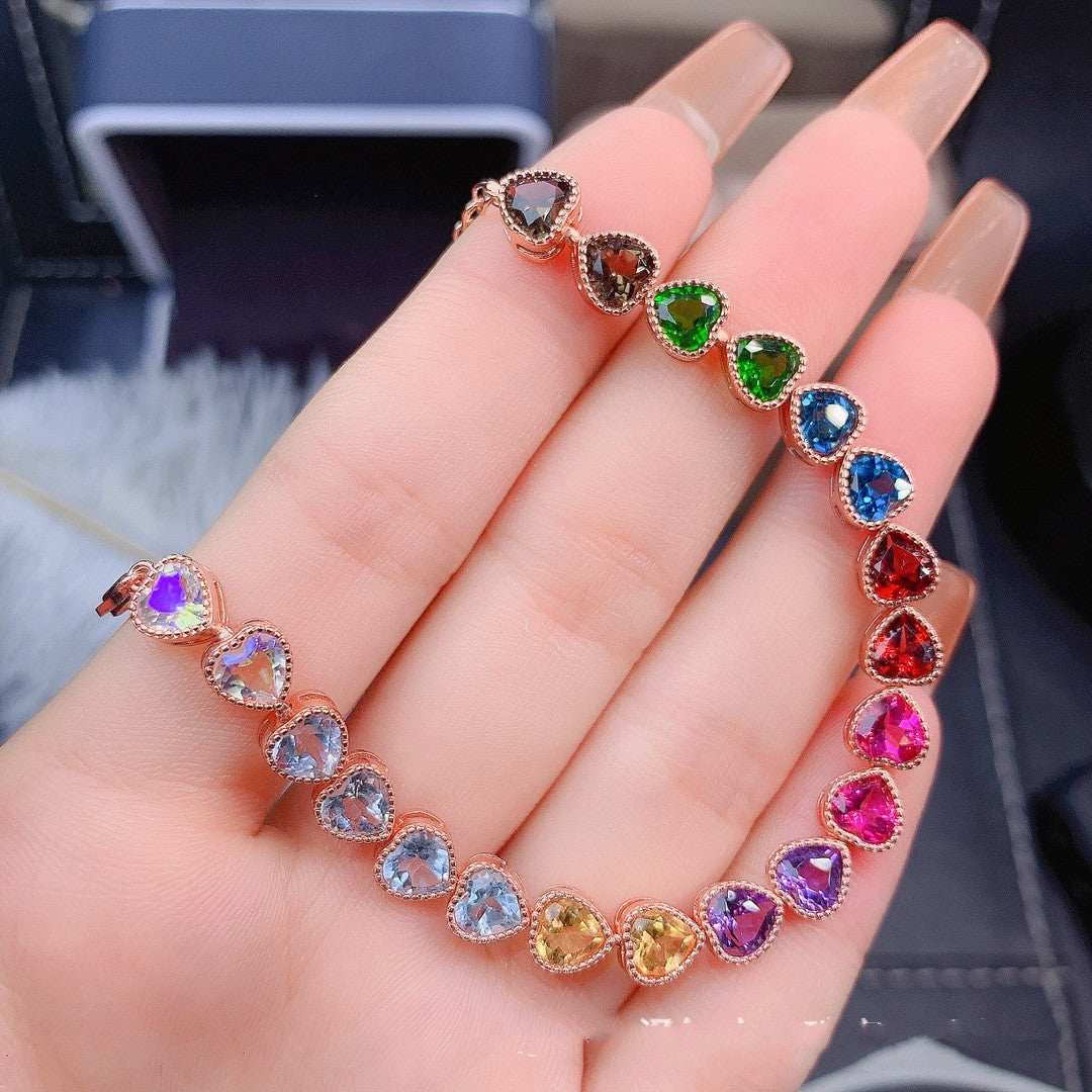 Natural color gemstone bracelet for women with heart-shaped multicolor gemstones in 925 silver setting