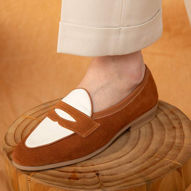 brown and white summer casual leather shoes for men with square toe style on wooden surface