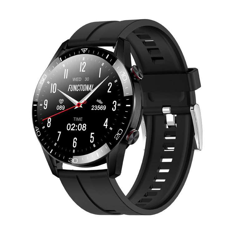 Black sports smartwatch with 1.3-inch full HD touch screen, Bluetooth call, and silicone wristband.