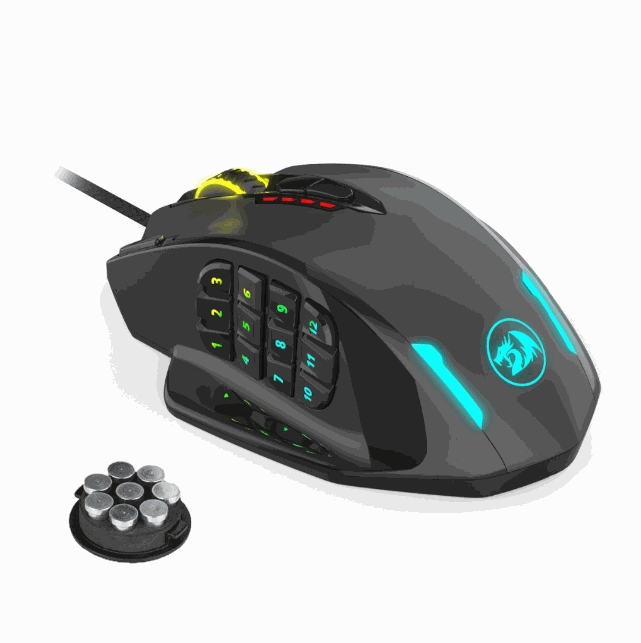 Red Dragon M908 gaming mouse with one-handed design, 12-button macro keypad, customizable RGB lighting, adjustable weights, and ergonomic shape.
