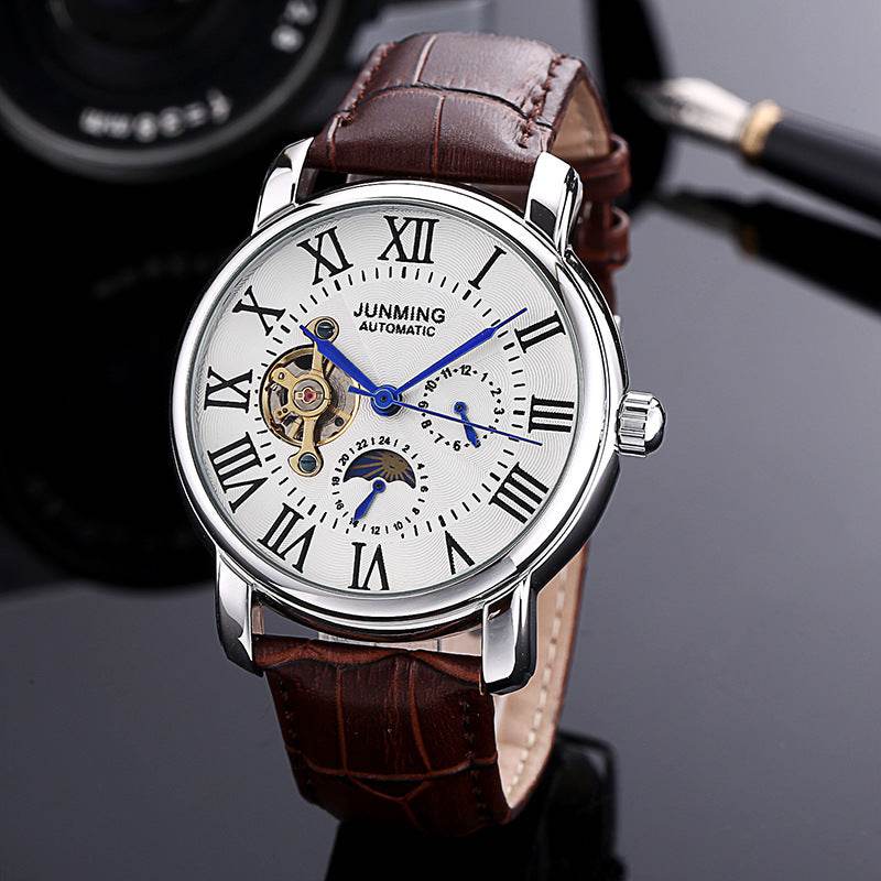 JUNMING Roman Characters men's automatic mechanical watch with white dial, brown leather strap, and stainless steel case