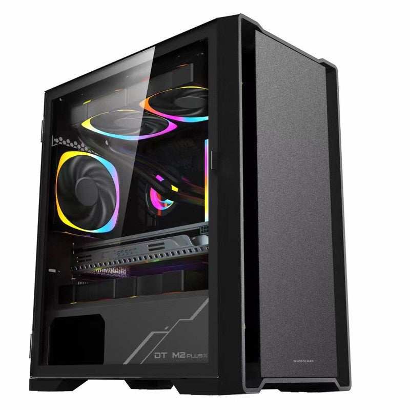 Black wide body tempered glass computer case with RGB fans and ITX motherboard compatibility