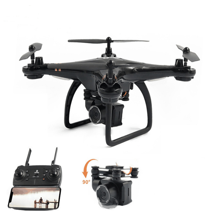 Black 5G image transmission drone with camera, remote control, and 90-degree adjustable lens for aerial photography.