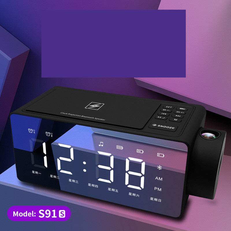 Wireless charging smart speaker clock with Bluetooth, large LED display, and projection feature in black