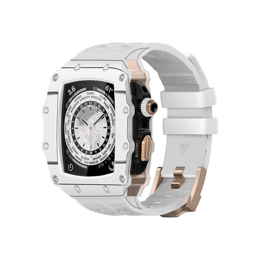 White modified carbon fiber shell strap with rose gold buckle for iWatch 45/44M