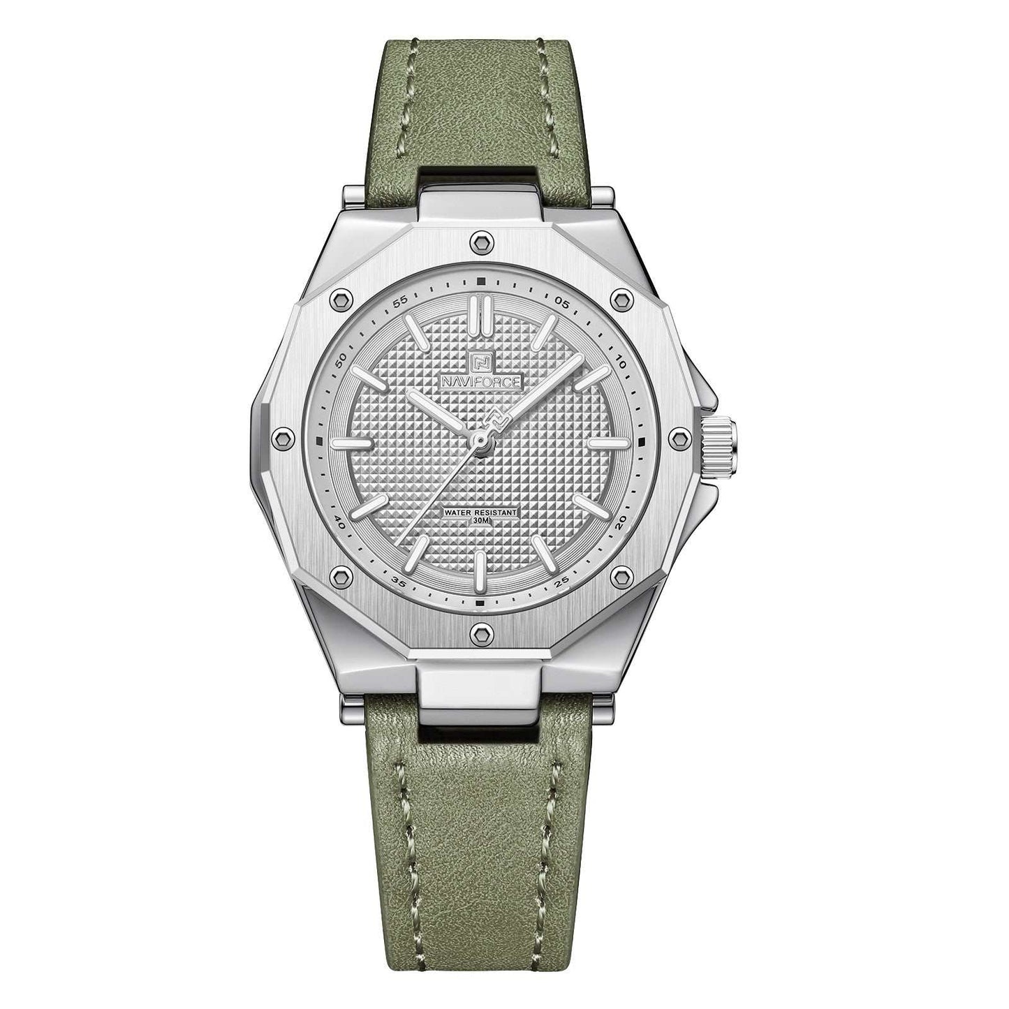 Luxury women's fashion watch with silver dial and green artificial leather band
