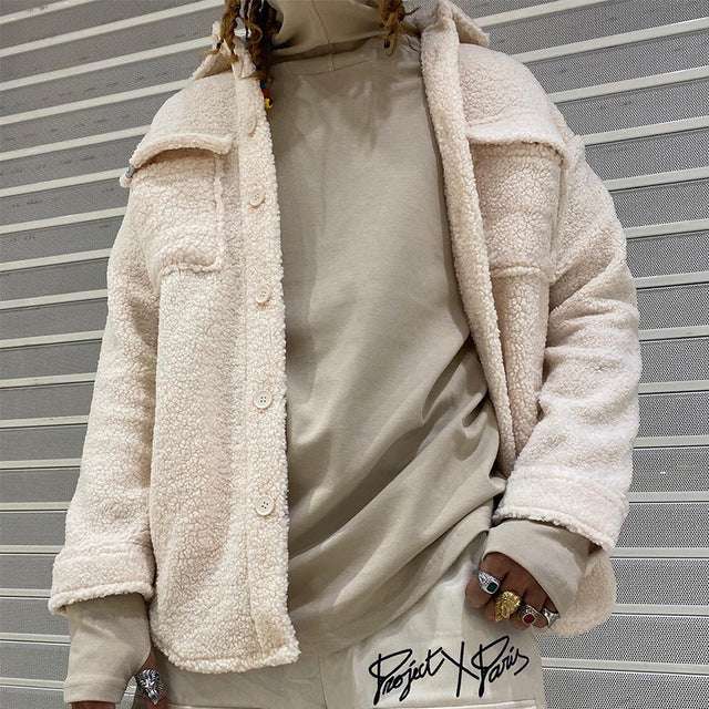 Men's winter fashion fleece coat in beige with stand collar and long length, part of new arrivals jackets collection