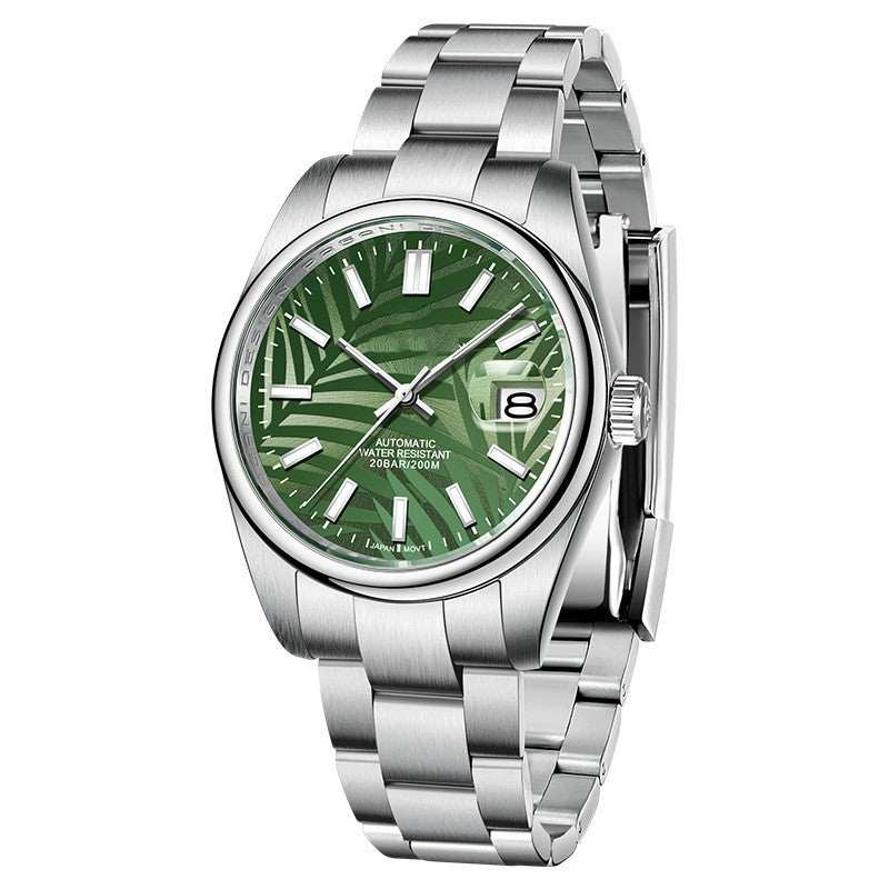 Jinggang Calendar men's mechanical wrist watch with green dial and stainless steel strap, waterproof 200m, sapphire crystal glass