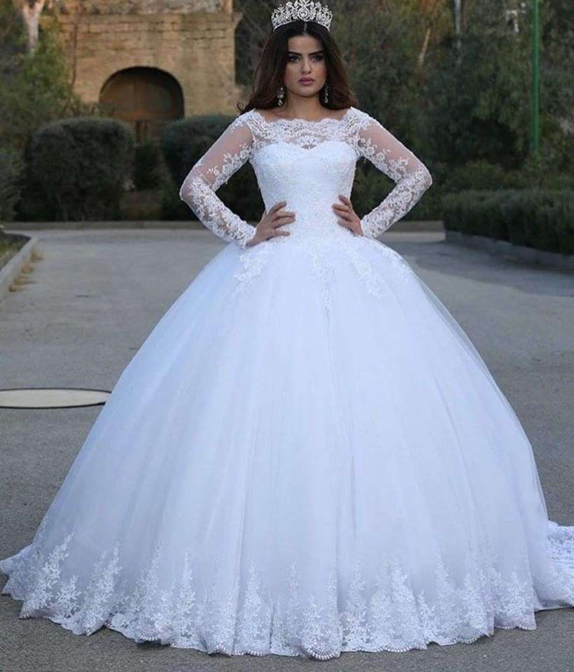 Cross-border source white vintage lace applique wedding dress with long sleeves and tulle skirt
