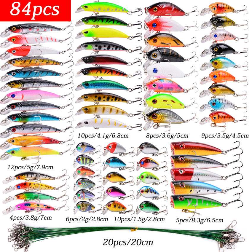 84-piece fishing lure set with assorted mini minnow hard baits in various sizes and colors, featuring realistic 3D eyes and sharp treble hooks
