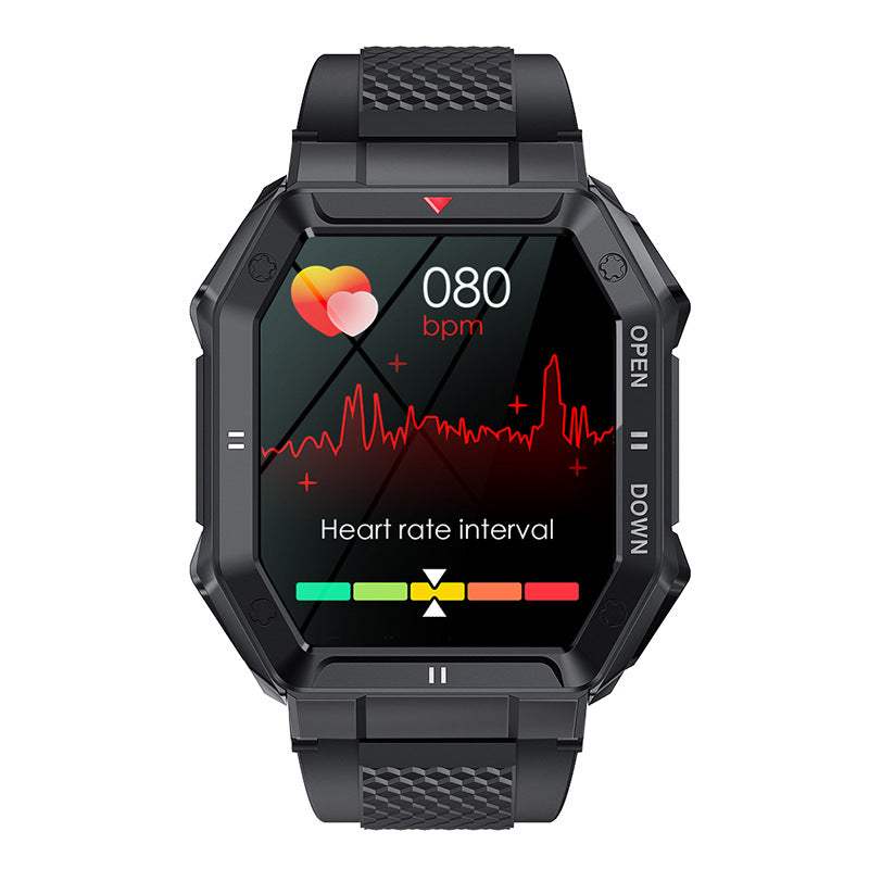 Black outdoor smartwatch with Bluetooth calling and heart rate monitor displaying 80 bpm and heart rate interval graph