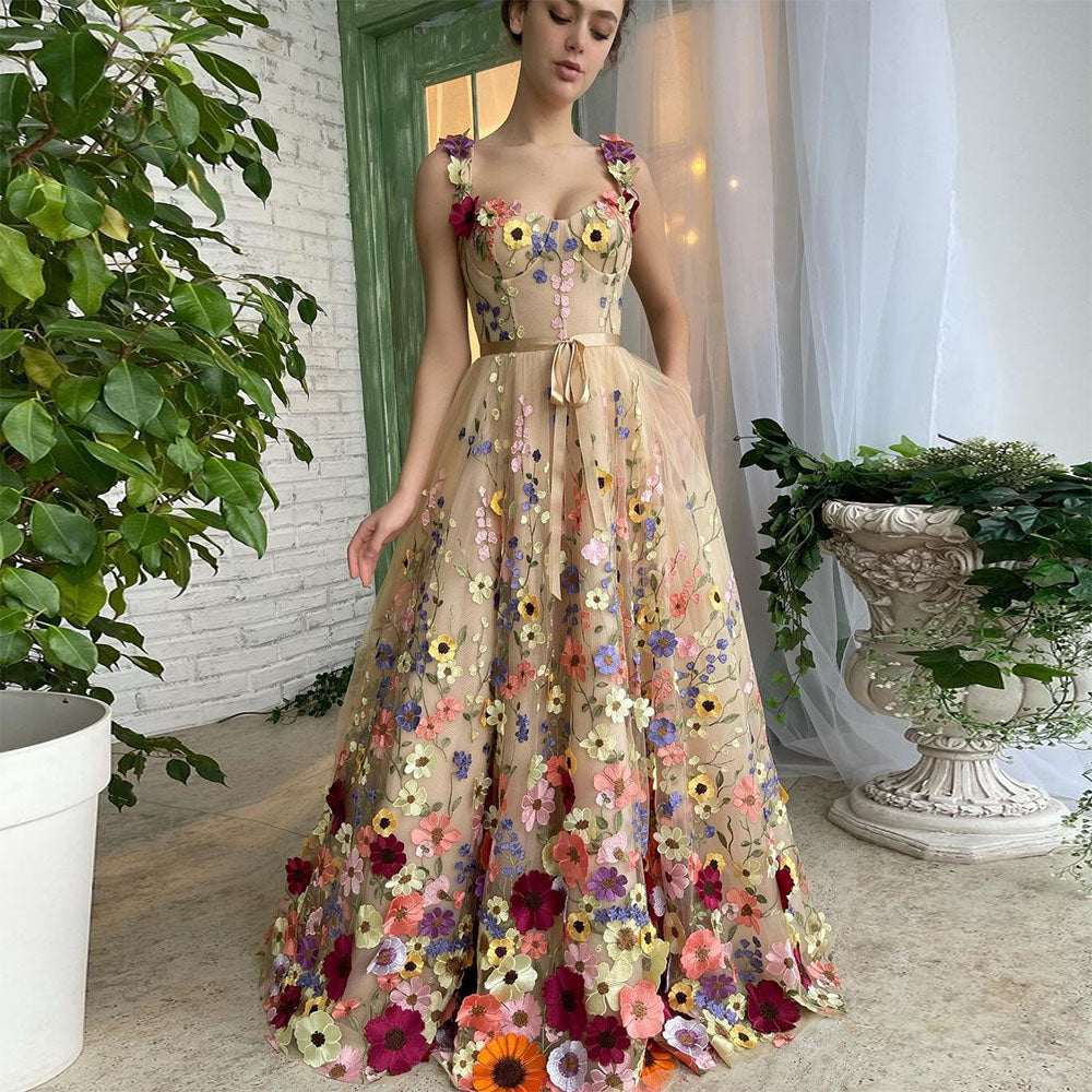 Sevintage exquisite champagne prom dress with 3D multicolor floral lace and sweetheart neckline