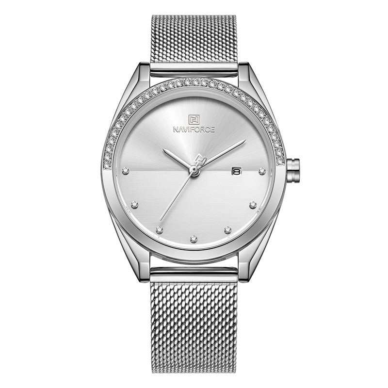 Silver waterproof calendar women quartz watch with mesh strap and crystal accents