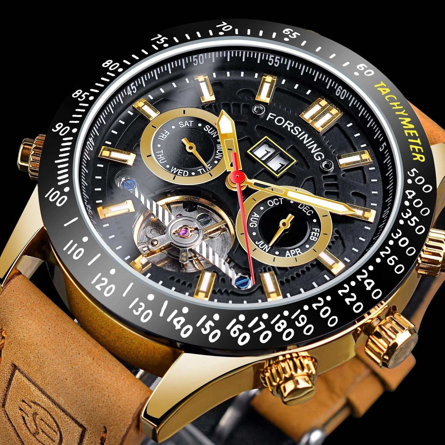 Men's stylish automatic mechanical watch with tourbillon, calendar, luminous hands, tachymeter bezel, and genuine leather strap, waterproof 30m