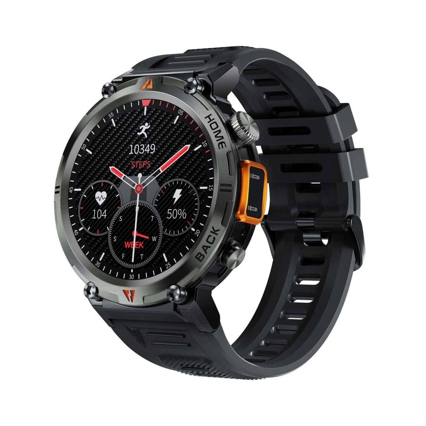 Black LED flashlight smartwatch with round TFT screen, step counter, heart rate and blood pressure monitor, and black silicone strap