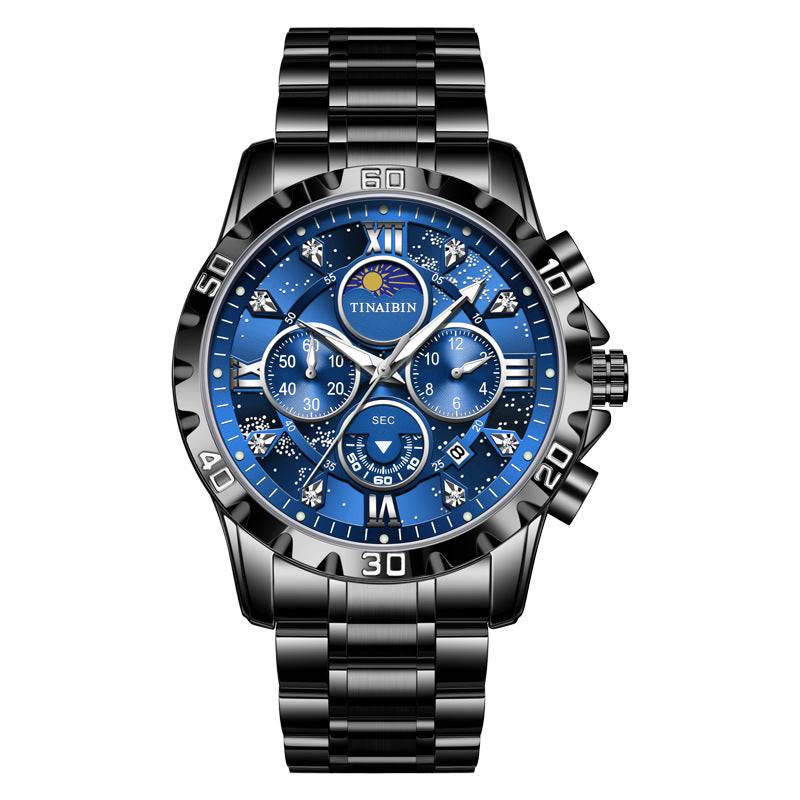 Men's multi-functional high-grade quartz watch with black stainless steel band and blue luminous dial