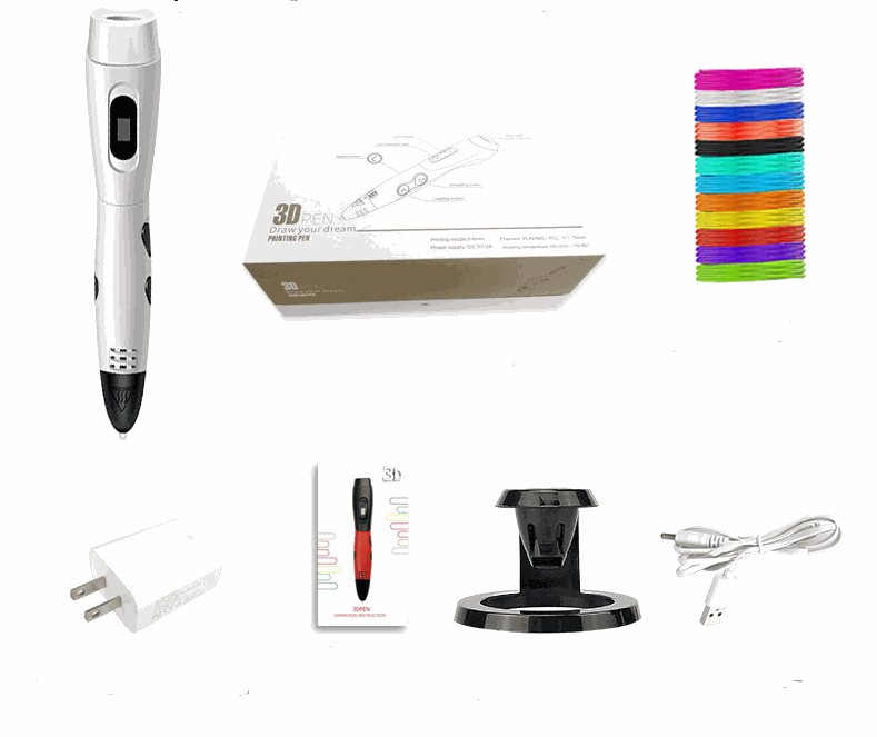 White 3D printing pen kit with charger, USB cable, colorful PLA filament, manual, and black stand in gift box