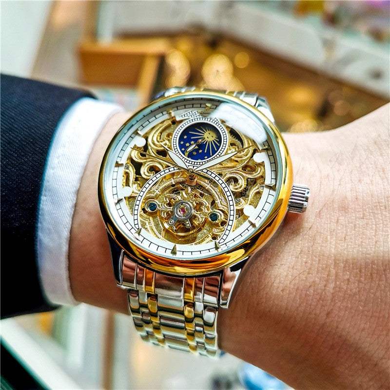 Men's luminous hollow out mechanical watch with gold and silver steel band, moon phase, and tourbillon features