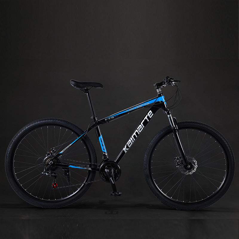 Black and blue aluminum alloy mountain bike with shock absorption and disc brakes against black background