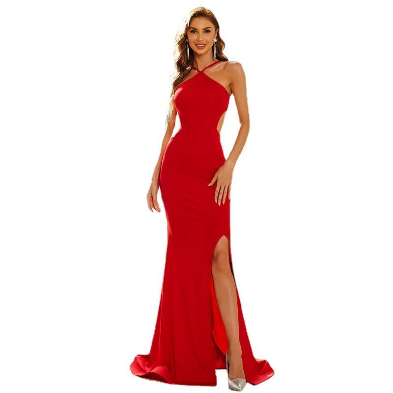 Red high neck sleeveless long party dress with high waist and side slit