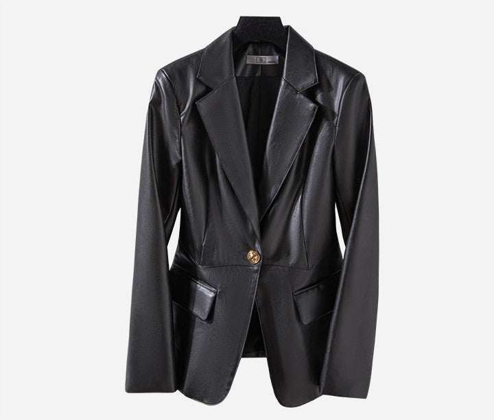 Women's slim skinny black imitation leather jacket coat with long sleeves and single button closure