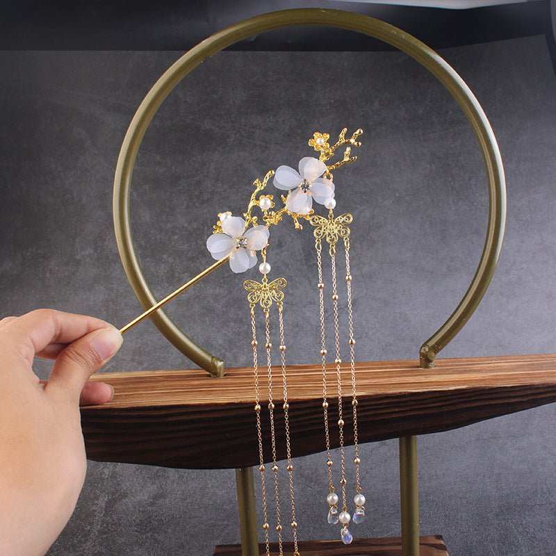 Ancient Style Hair Accessories Hanfu Plum Blossom Branch Tassel Hairpin White Flower Drill - AMIR BAGS INDIA PRIVATE LIMITED
