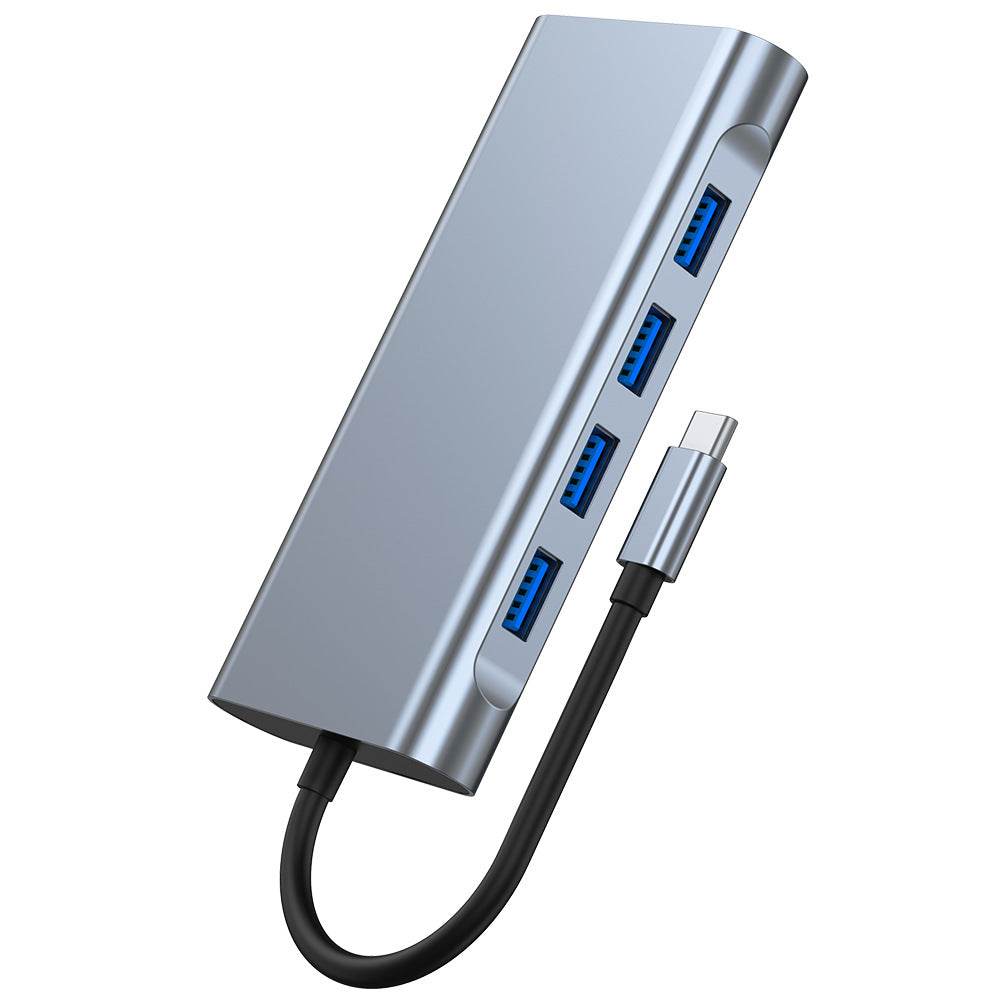 Type-c Docking Station with 11-in-1 HDMI, VGA, Audio, RJ45, USB 3.0 and USB 2.0 ports in a compact silver design