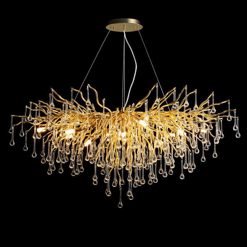 Modern glass chandelier with intricate gold branches and hanging crystal droplets for dining or bedroom lighting