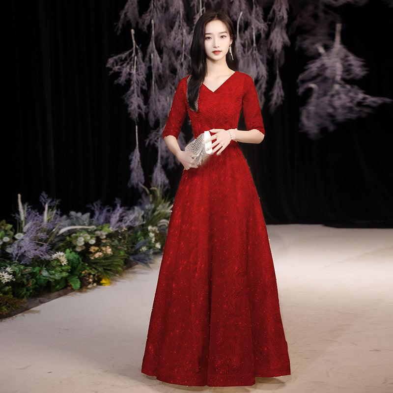 High quality choir stage costume long burgundy dress with half sleeves and V-neck design