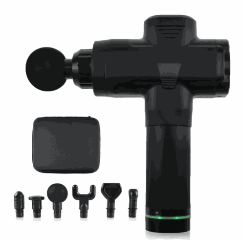 Black fascia gun muscle massage gun with six interchangeable massage heads and carrying case for muscle relaxation and physiotherapy.