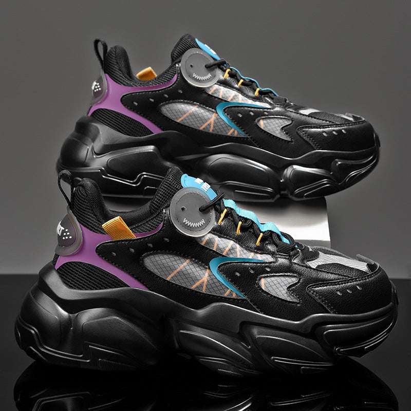 Men's Outdoor Fashion running sports shoes in black with purple and blue accents, chunky sole design, and breathable mesh detailing.