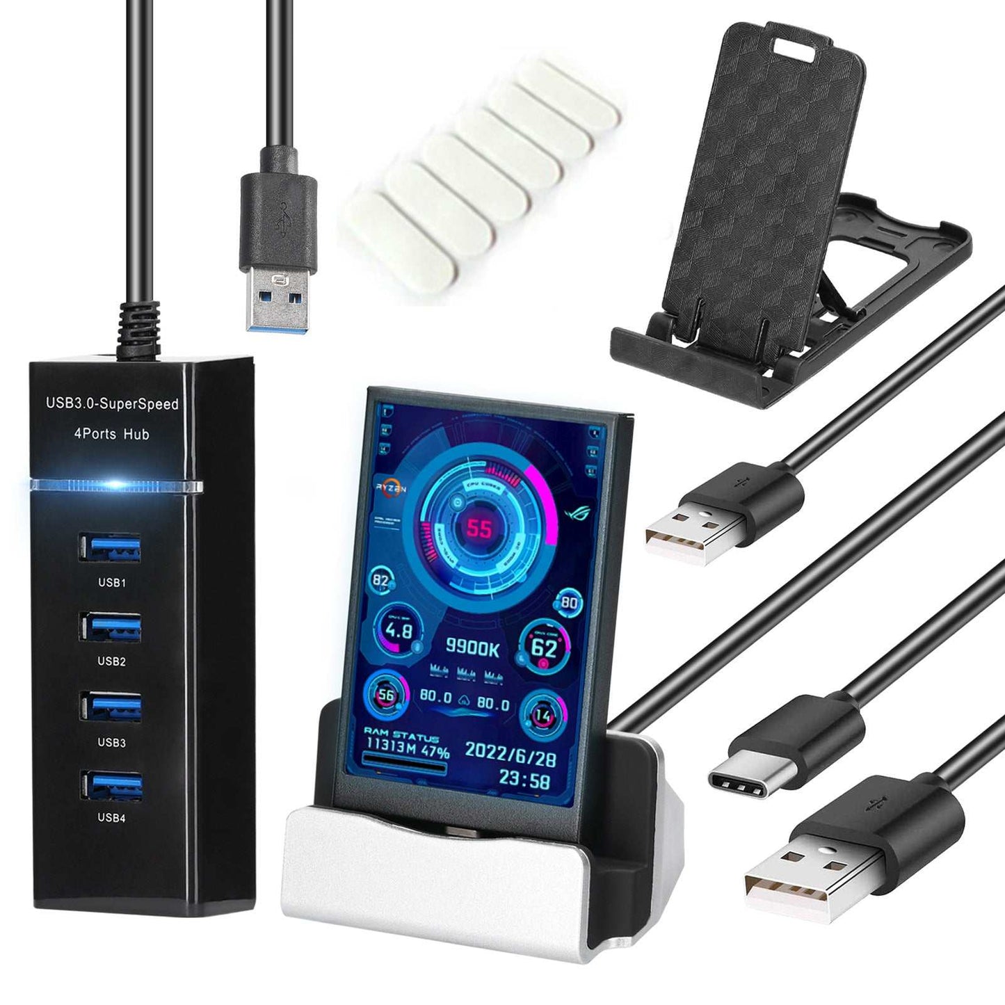 3.5-inch computer small secondary screen with IPS display, USB Type-C cables, USB 3.0 hub, and adjustable stand