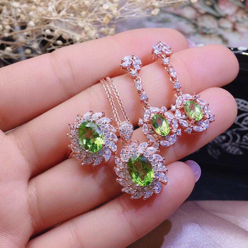 S925 silver gilded jewelry set with peridot and crystal accents including necklace and earrings