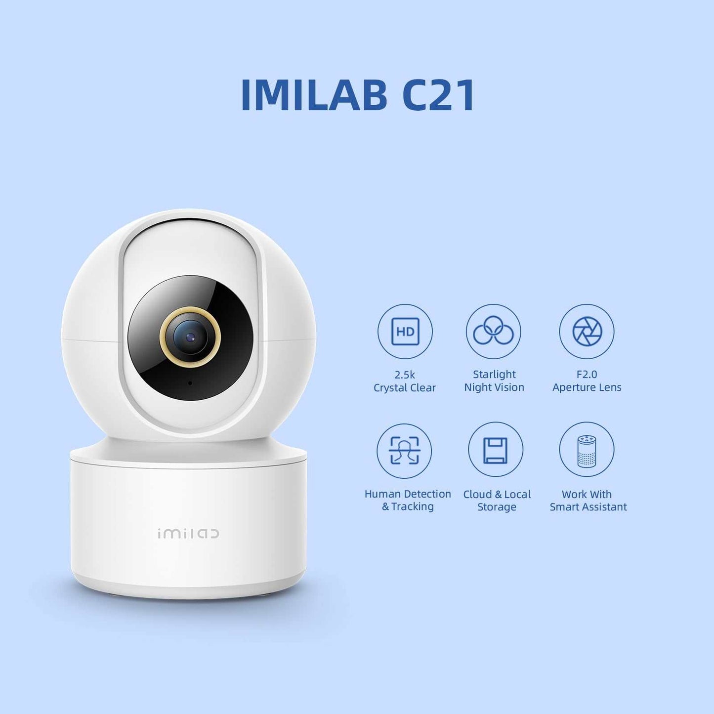 IMILAB C21 2.5K indoor WiFi security camera with 360° view, starlight night vision, human detection, and two-way audio.