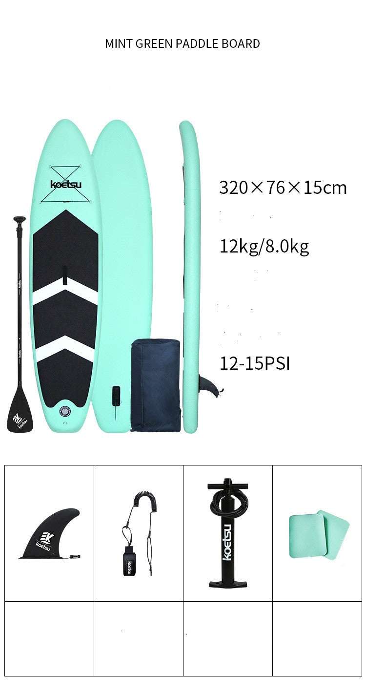 Mint green inflatable paddleboard standing surfboard with accessories including fin, foot rope, pump, and patch pack