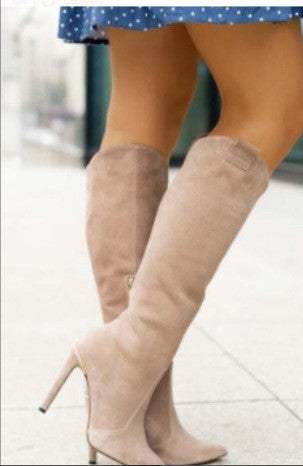 Beige suede side zipper mid-calf women's boots with high stiletto heels and pointed toe.