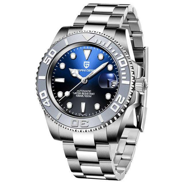 Fashion men mechanical watch with luminous dial, stainless steel strap, and 100m water resistance