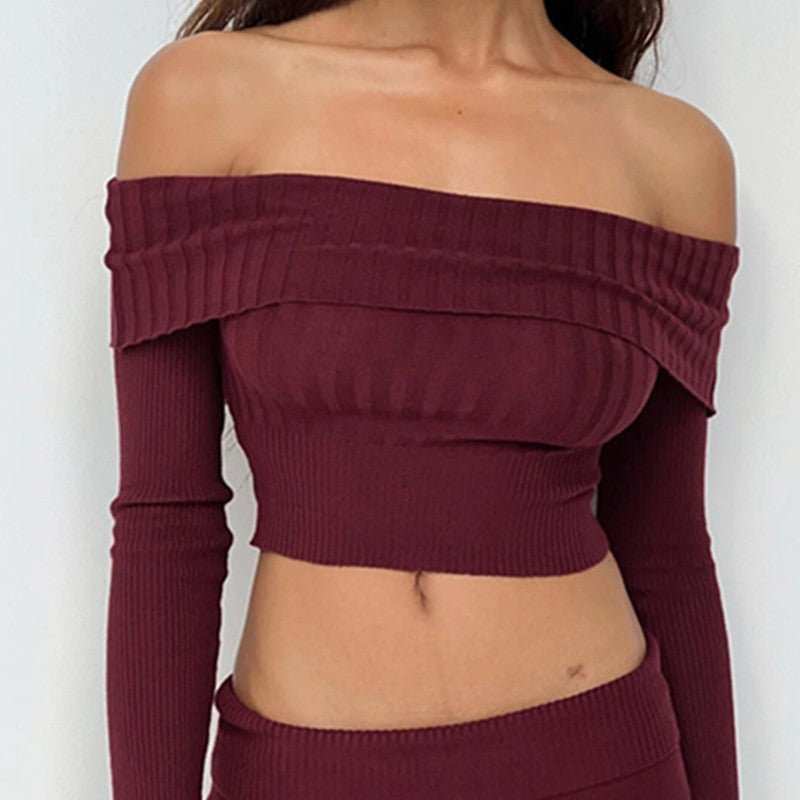Boat Neck Long Sleeve Knitted Sweater Off - shoulder Crop Short Top SFor Womens Clothing - AMIR BAGS INDIA PRIVATE LIMITED