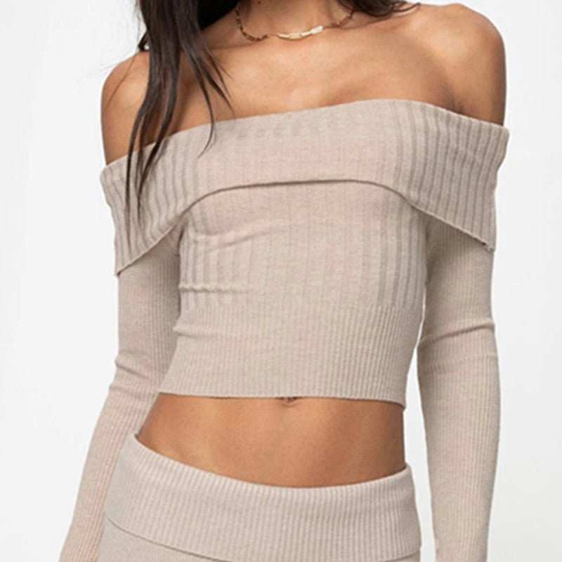 Boat Neck Long Sleeve Knitted Sweater Off - shoulder Crop Short Top SFor Womens Clothing - AMIR BAGS INDIA PRIVATE LIMITED