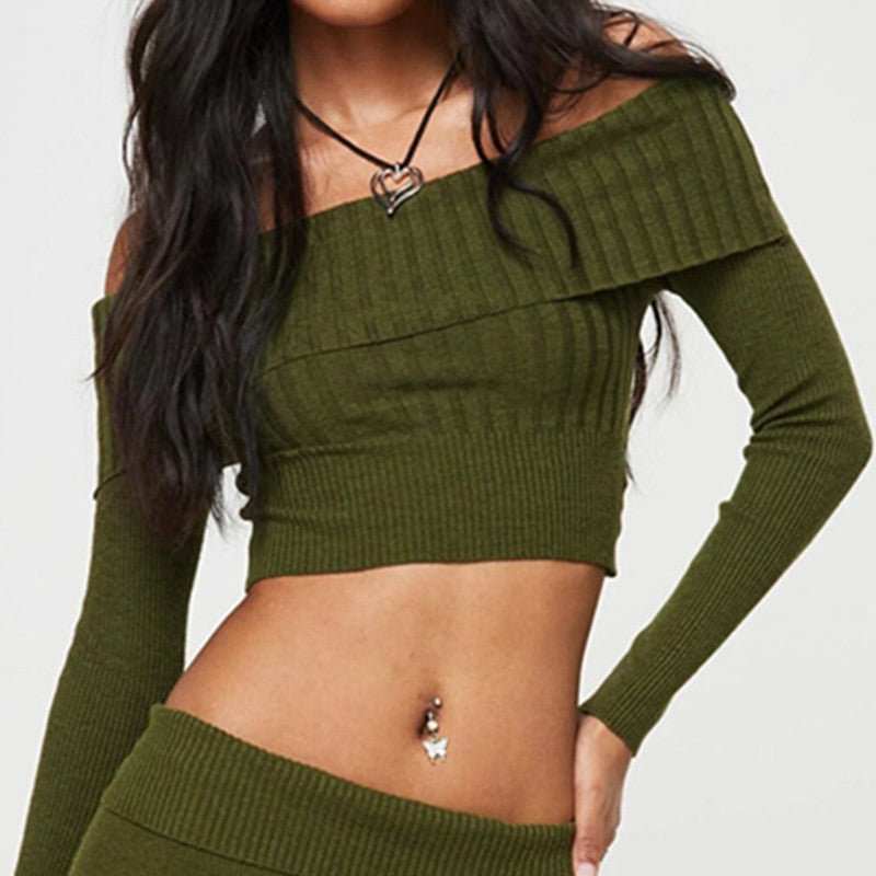 Boat Neck Long Sleeve Knitted Sweater Off - shoulder Crop Short Top SFor Womens Clothing - AMIR BAGS INDIA PRIVATE LIMITED