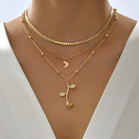 Bohemia Multilayer Moon Gold Color Pendant Necklaces For Women Rose Flower Choker Necklace 2025 Fashion Jewelry Party Gift Valentine's Day Gifts - AMIR BAGS INDIA PRIVATE LIMITED