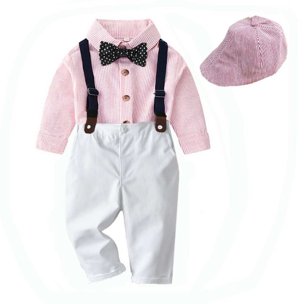 Boys' Spring And Autumn New Striped Shirt Hat Pants Match Suit - AMIR BAGS INDIA PRIVATE LIMITED