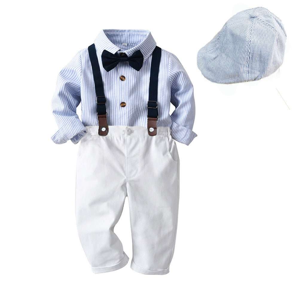 Boys' Spring And Autumn New Striped Shirt Hat Pants Match Suit - AMIR BAGS INDIA PRIVATE LIMITED