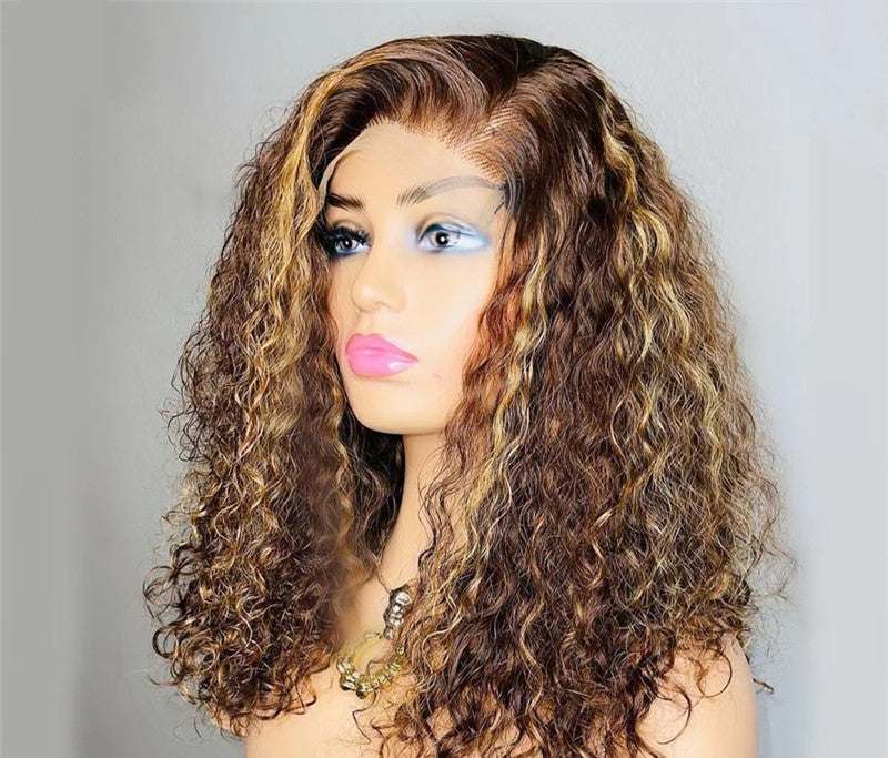Brown curly transparent lace wig on mannequin with natural style and hand-knitted 13x4 lace front.